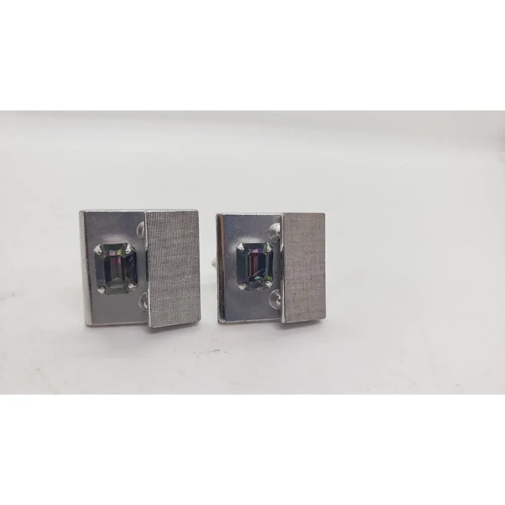 Vintage Cufflinks Swank Silver Rivoli Rainbow Rhinestone Cuff Links 1960s